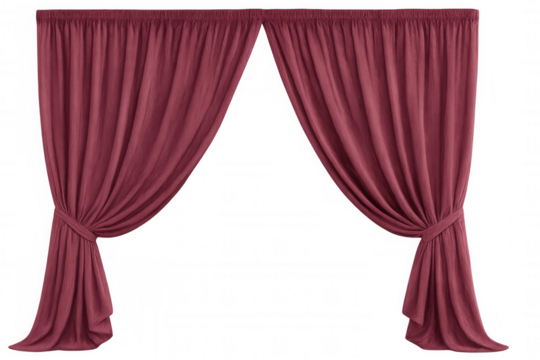 Crimson drapes pulled aside, exposing translucent space with sophisticated staging potential for design layouts