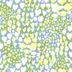 A vibrant, abstract seamless pattern featuring a mix of colorful dots and irregularly shaped flowers combined with animal print