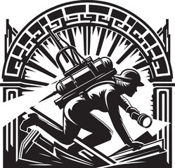 Obraz premium Artistic Black and White Illustration of a Worker with Gear in a Dramatic Scene