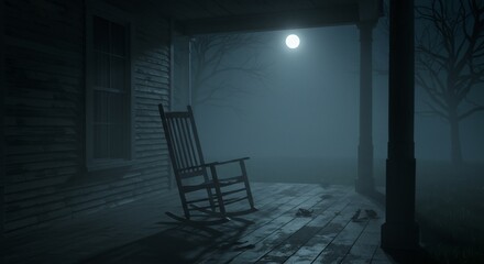 A porch with a rocking chair under a foggy night A full moon illuminates the scene