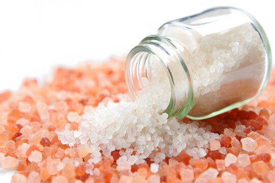 White Salt Pouring Over Pink Himalayan Salt Crystals