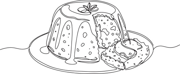 Elegant single continuous line drawing of a festive plum pudding
