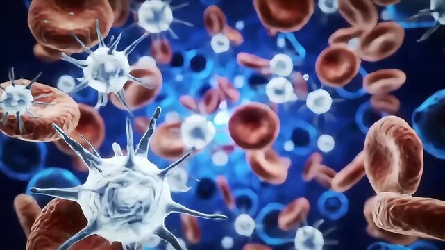 A dynamic 3D illustration of activated platelets and erythrocytes navigating the bloodstream for medical and scientific concepts