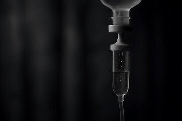 Dramatically lit IV drip showing a translucent liquid with air bubbles against a dark background
