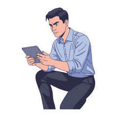 Focused: The image captures a focused businessman intently observing his digital tablet. With a determined expression, the businessman in a button-down shirt and dark trousers demonstrates diligence.