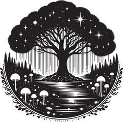 Intricate black and white illustration of a mystical tree with mushrooms and a starry sky