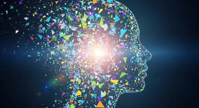 Vibrant human head exploding with colorful innovation and creativity