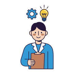 Idea and Insight: A scientist contemplating an idea or solution. The man is illustrated in a minimalist style, suggesting simplicity and clarity of thought.