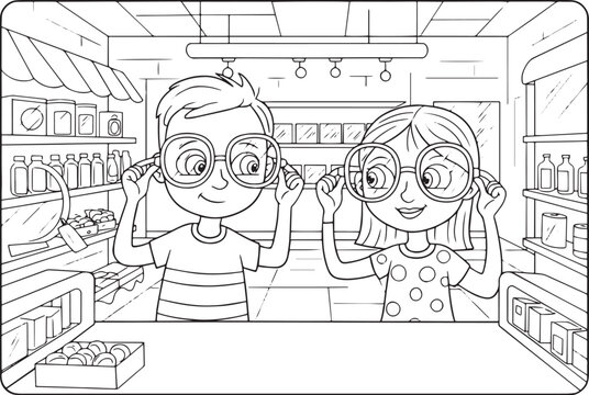 Whimsical outing two children try on comically oversized glasses