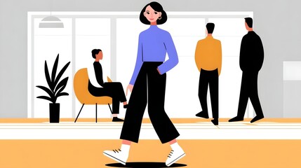 Woman walking in an office hallway past her coworkers