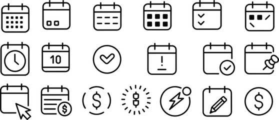 Calendar and schedule icons, event reminder, deadline symbol, task management, meeting planner, clock time, money, checkmark, alert, organization tool