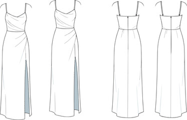 CAD drawing flat vector illustration of evening gown design, spaghetti strap dress, high slit detail, front and back views, fashion sketch, stylish apparel layout, template