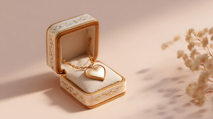 A small jewelry box containing a heart-shaped necklace, displayed open against an elegant plain background with a luxurious feel.