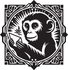 Obraz premium Artistic Monochrome Illustration of a Chimpanzee Inside a Decorative Circular Frame Design