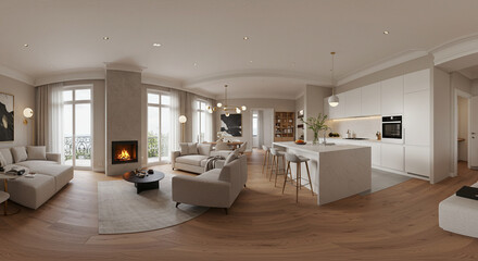 An expansive and luminous interior showcases a modern living space, featuring comfortable seating, a fireplace, and large that invite natural light, creating a welcoming ambiance.