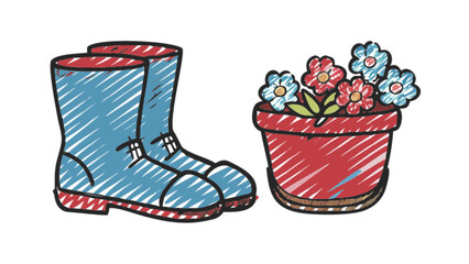 Cute garden boots and flower pot vector illustration for spring gardening and outdoor decoration projects design 100