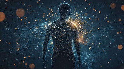 Digital human silhouette made of glowing particles and neural connections, standing in abstract network of data, futuristic artificial intelligence visualization and technology background