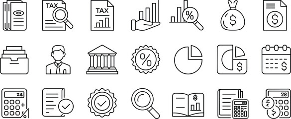 Tax accounting finance icons, auditing illustration, money management, investment symbols, bank building, calculator, pie chart, document, percentage, business report
