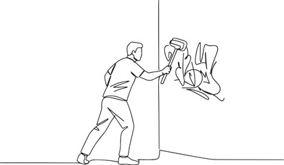Illustration depicting graffiti removal by a man using cleaning