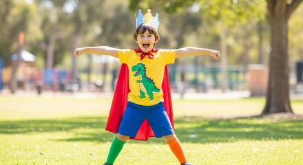Fototapeta premium Boy in dinosaur shirt and cape with crown stands on grass screaming