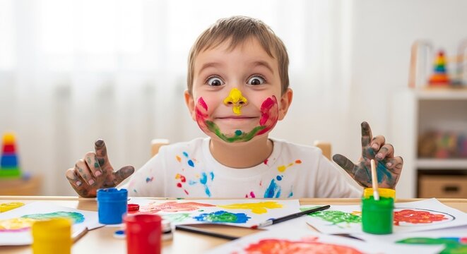 A young boy with paint on his face and hands sitting at a table art
