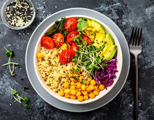 Plant-based Buddha bowl over dark slate - quinoa, roasted chickpeas, avocado, tomatoes, purple...