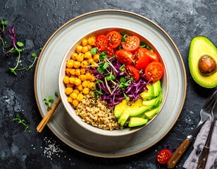 Plant-based Buddha bowl over dark slate - quinoa, roasted chickpeas, avocado, tomatoes, purple...
