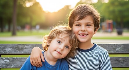 Two brothers sitting on a bench hugging in a park during daytime