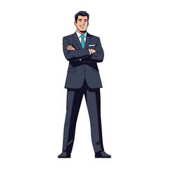 Obraz premium Confident Professional in Tailored Suit: A sophisticated man, exuding confidence and poise, stands with arms crossed, dressed impeccably in a tailored suit. A vibrant depiction of success and style.