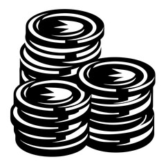 Abstract black and white illustration depicting three stacks of coins