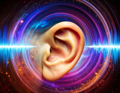 Close-up human ear surrounded by abstract sound waves and glowing circles