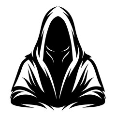 Mysterious hooded figure in black and white vector art illustration