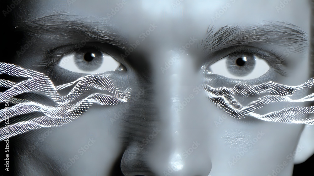 Poster piercing abstract gaze through a digital veil. long_title:striking monochrome portrait with an abstr
