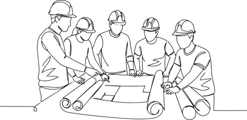 Continuous line drawing of construction workers collaborating on
