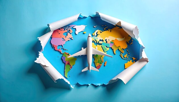 A miniature airplane on a vibrant world map revealed through a ripped blue paper background, representing global travel and exploration