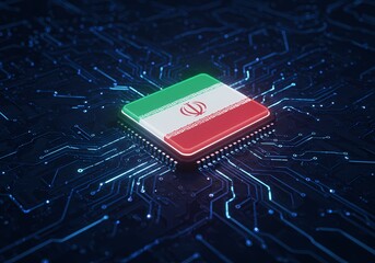 Iranian flag on a microchip symbolizing advancements in technology and national digital infrastructure development