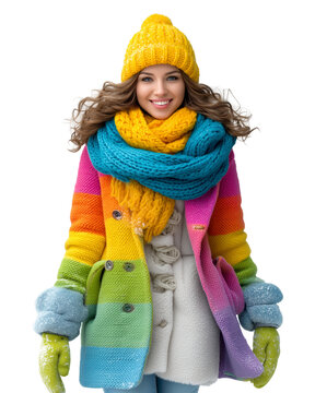 Cozy layered outfit with woman in full winter clothing in colorful , stylish woman winter clothing with full winter outfit  ,woman colorful winter clothing fashion with PNG die-cut for advertising .