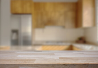 Empty wooden top table with blurred kitchen interior Background. for product display