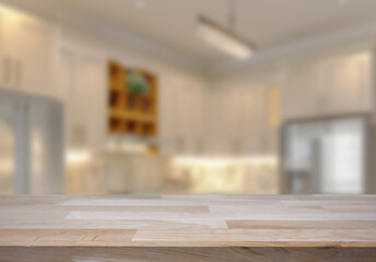 Empty wooden top table with blurred kitchen interior Background. for product display