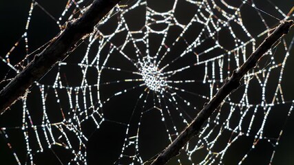 Close-up Intricate Spider Web with Morning Dewdrops Shimmering and Backlit against Dark Background; Delicate, Spooky Natural Halloween Decoration - Powered by Adobe