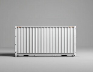 A front view of a white shipping container mockup shown isolated on a grey background, highlighting its clean design and versatile storage concept.