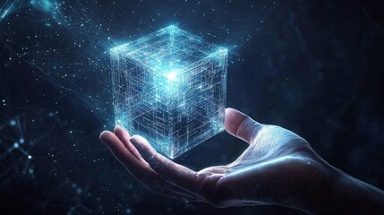 Futuristic glowing cube made of digital lines floating above human hand, abstract holographic technology visualization, artificial intelligence and blockchain innovation background