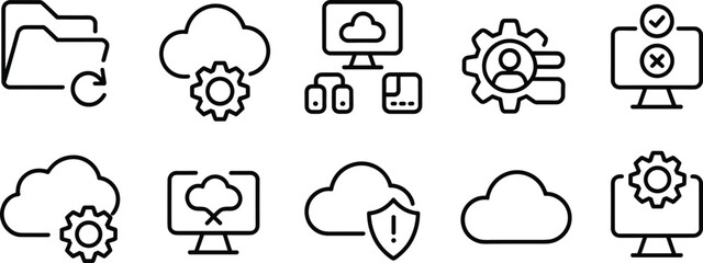 Cloud computing icons collection, data storage, synchronization, file management, server security, user settings, online backup, technology tools, flat vector illustration
