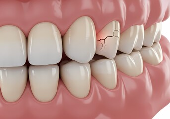 Close up view of human teeth showing a fractured incisor with visible cracks and surrounding gum tissue healthy and clean dental anatomy care and protection concept