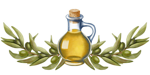 Hand drawn watercolor olive oil bottle with olives and leaves. Olive branches, leaves and fruits. For fabric, wrapping paper, scrapbooking, packaging design, kitchen, menu.