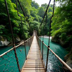 熱帯雨林の中の木製吊り橋が、澄んだ川の上に架かる。背景に濃い緑