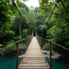 熱帯雨林の中の木製吊り橋が、澄んだ川の上に架かる。背景に濃い緑