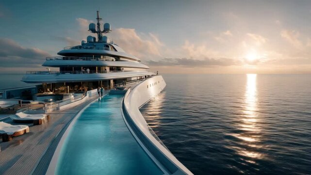 Luxury yacht with pool at sea during sunset