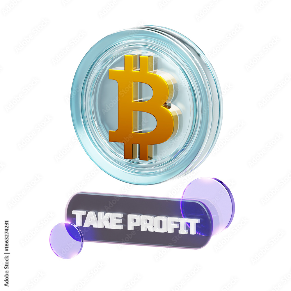 Poster 3d render of a bitcoin symbol floating above a 'take profit' button, representing cryptocurrency tra
