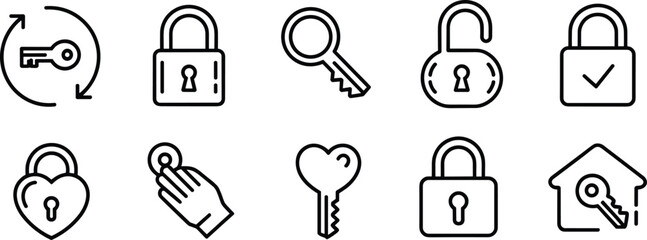 Lock and key icons set, security padlock, unlock symbol, password protection, privacy safety, access control, house key, flat vector illustration